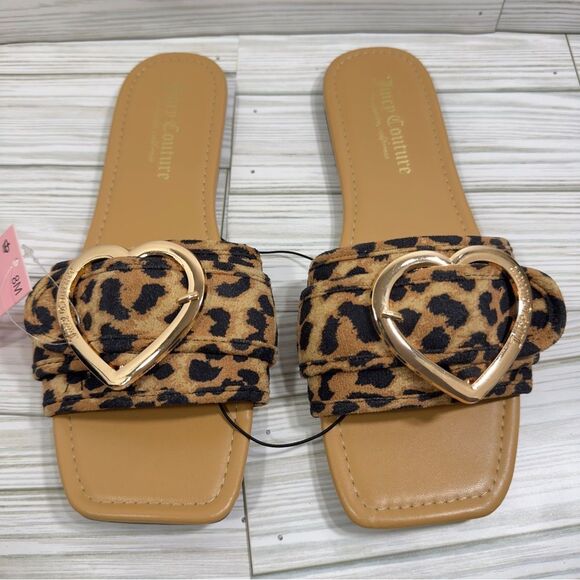 NWT JUICY COUTURE ANIMAL PRINT SQUARE TOE GOLD HEART METAL BUCKLE SANDAL 8 - Picture 1 of 10